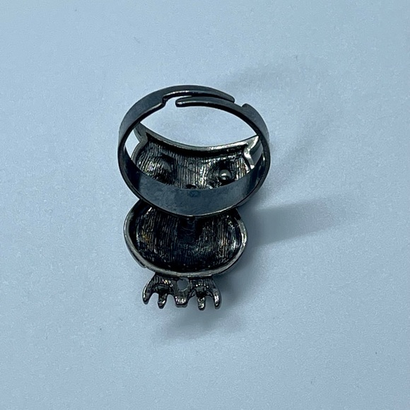 Vintage Adjustable faux diamond & Black Gemstone cute flashy owl ring - Picture 4 of 5